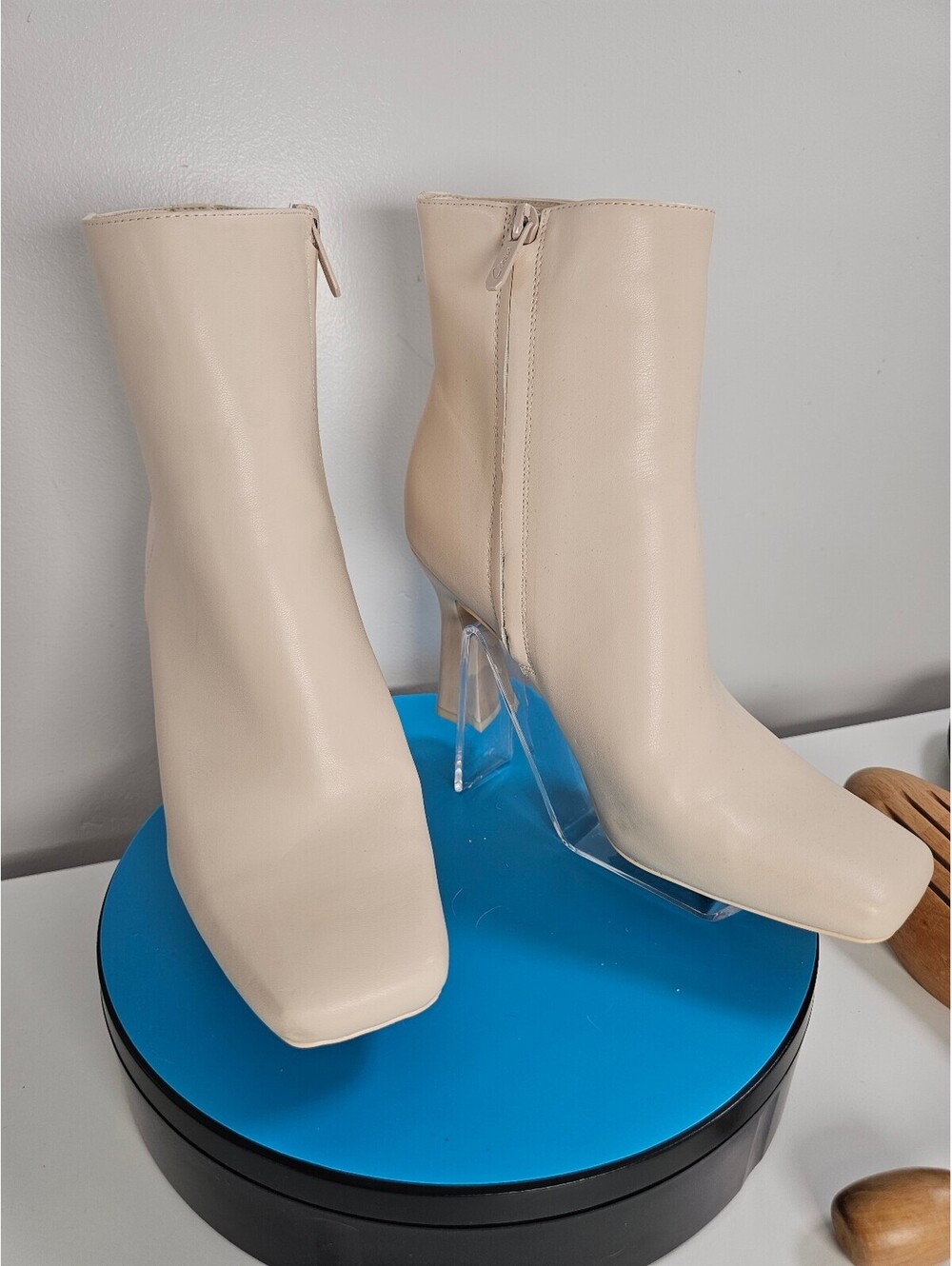 Circus by Sam Edelman Cream Faux Leather Ankle Boots with Clear Block Heels